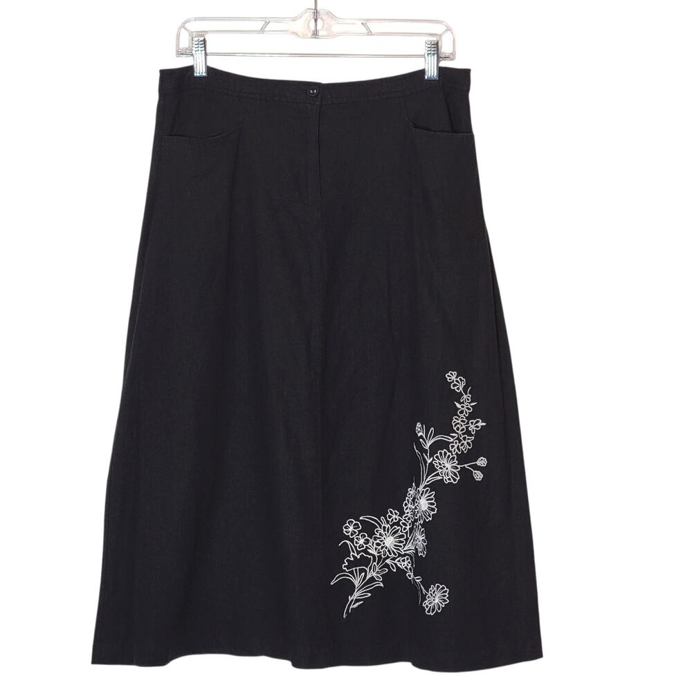 Sag Harbor Black Linen Blend Floral Embroidered Midi A-Line Skirt 12P